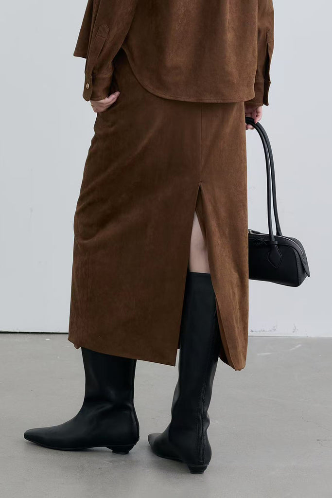 Suede High-Waisted Column Maxi Skirt with Back Slit  Fibflx