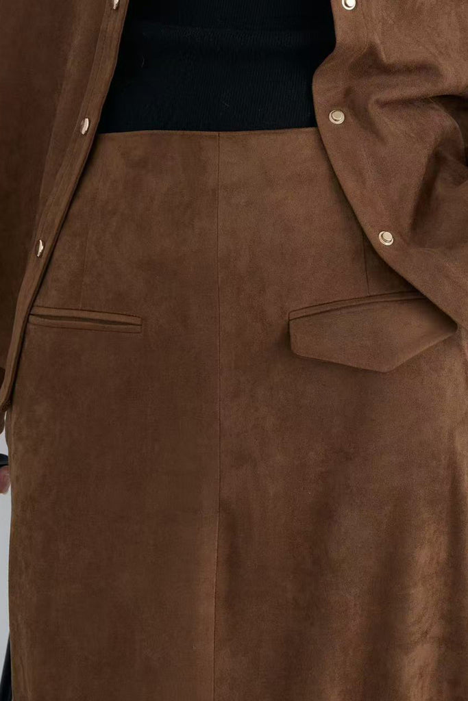 Suede High-Waisted Column Maxi Skirt with Back Slit  Fibflx