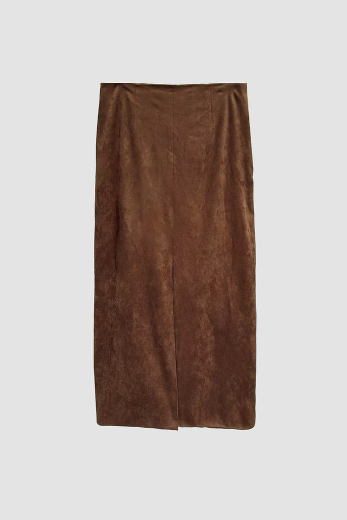 Suede High-Waisted Column Maxi Skirt with Back Slit  Fibflx