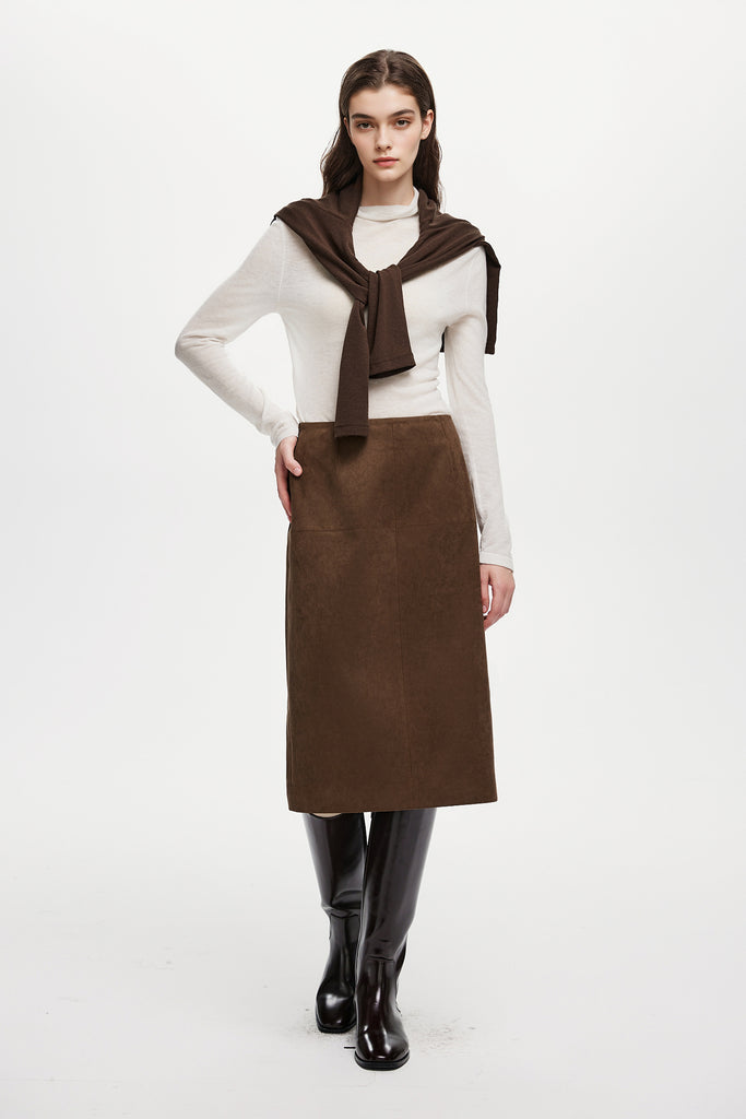 Suede Textured A-Line Midi Skirt in Brown  Fibflx