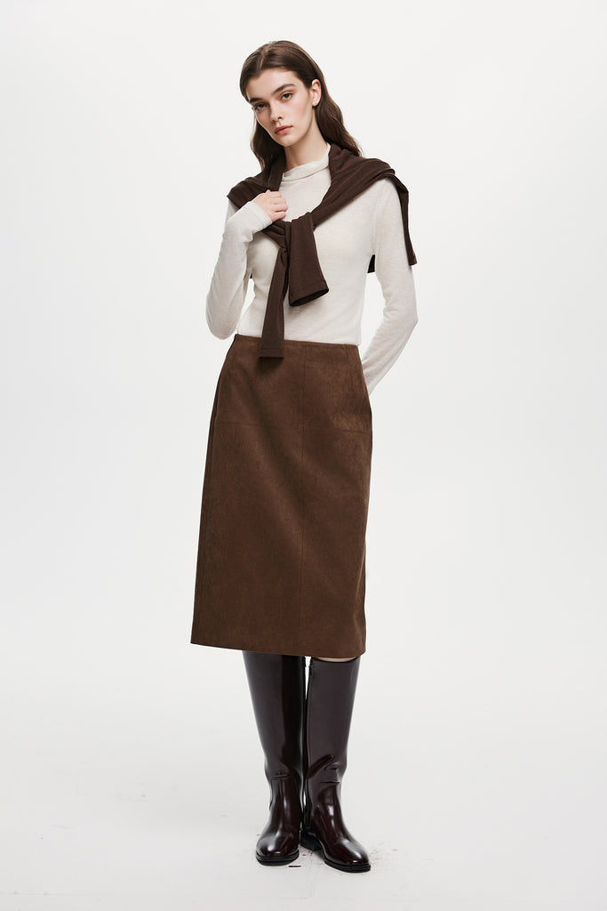 Suede Textured A-Line Midi Skirt in Brown  Fibflx