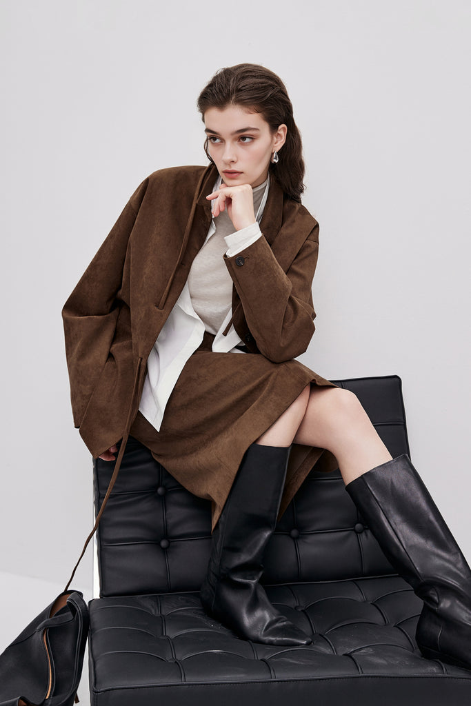 Suede Textured A-Line Midi Skirt in Brown - Fibflx
