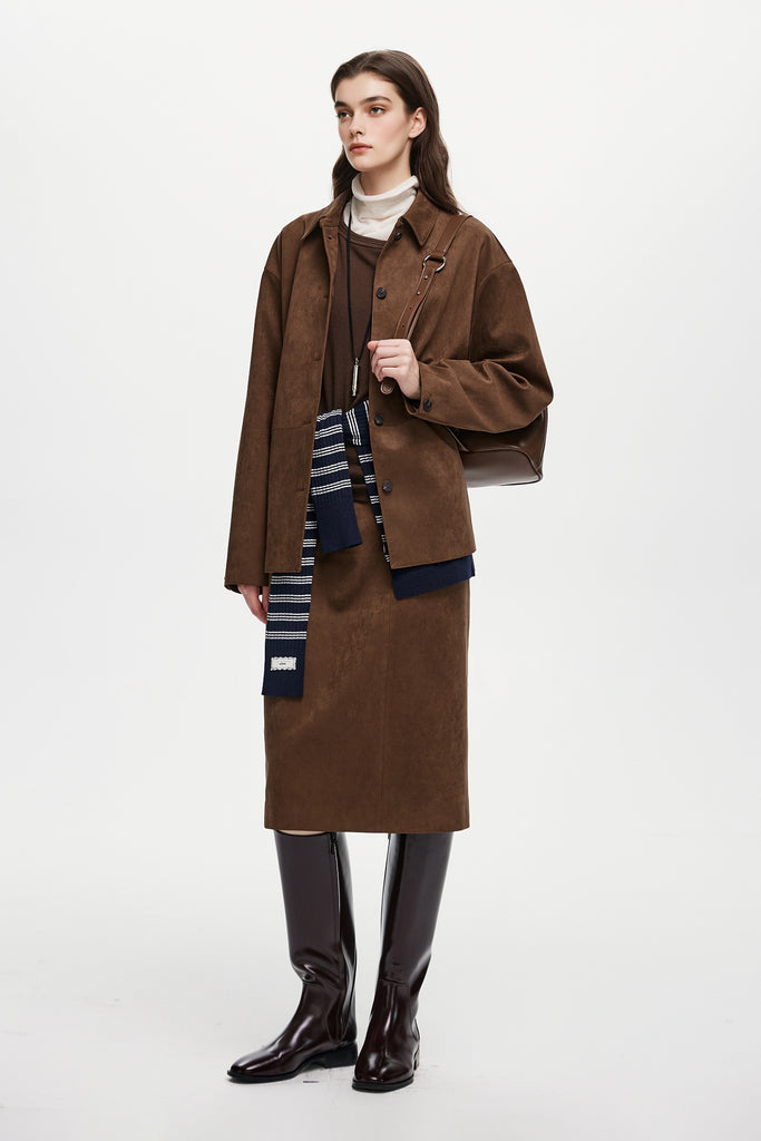 Suede Textured A-Line Midi Skirt in Brown  Fibflx