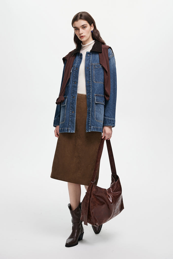 Suede Textured A-Line Midi Skirt in Brown  Fibflx