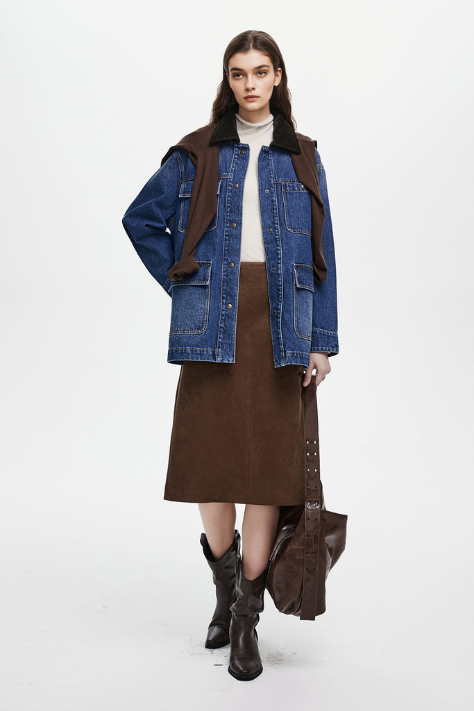 Suede Textured A-Line Midi Skirt in Brown  Fibflx