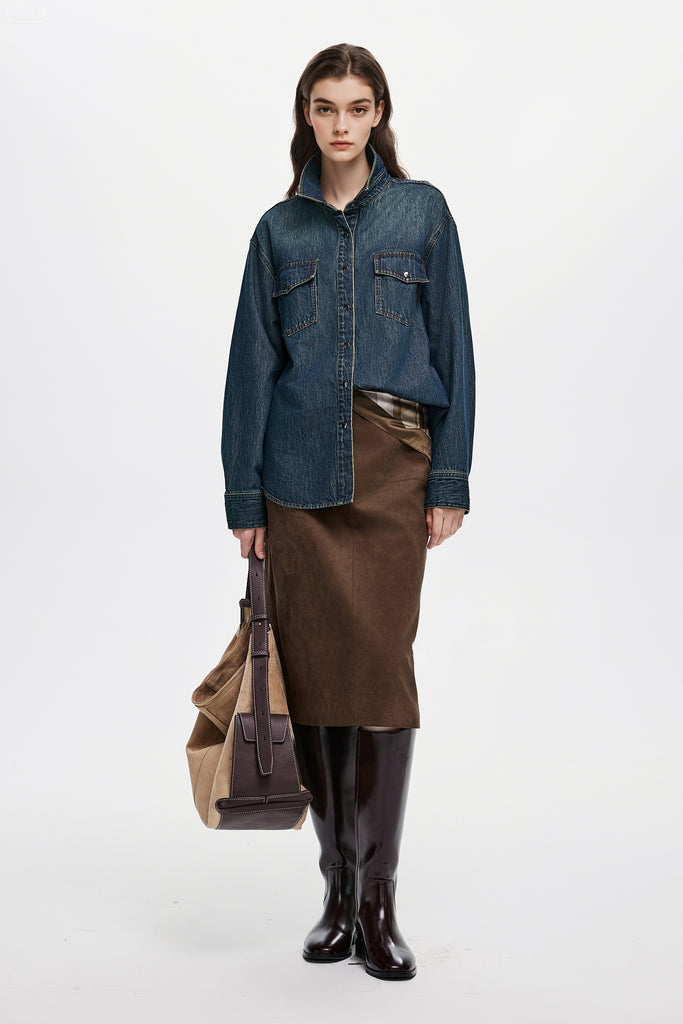 Suede Textured A-Line Midi Skirt in Brown  Fibflx