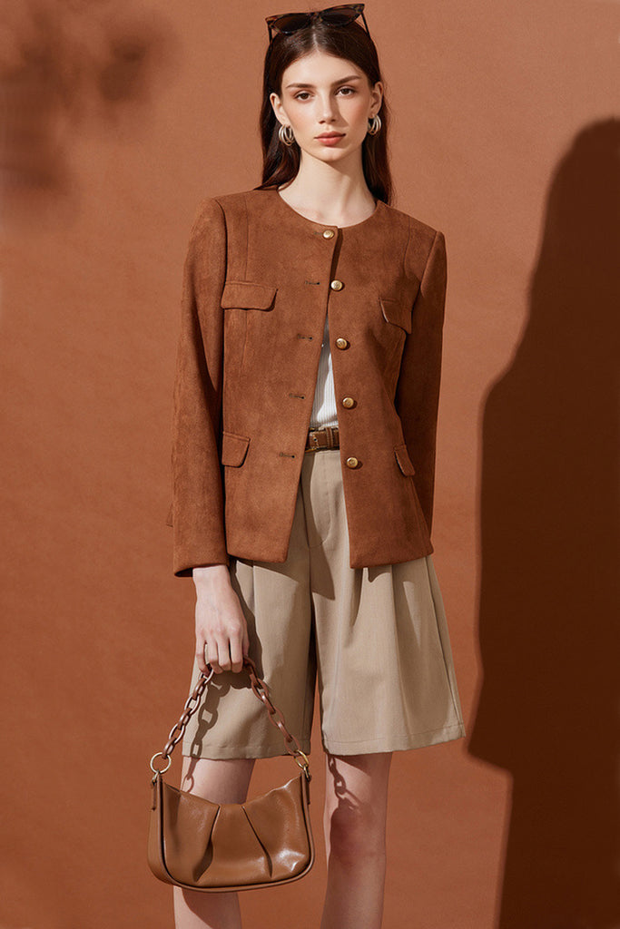 Suede Textured Collarless Utility Jacket Chocolate Brown / L Fibflx