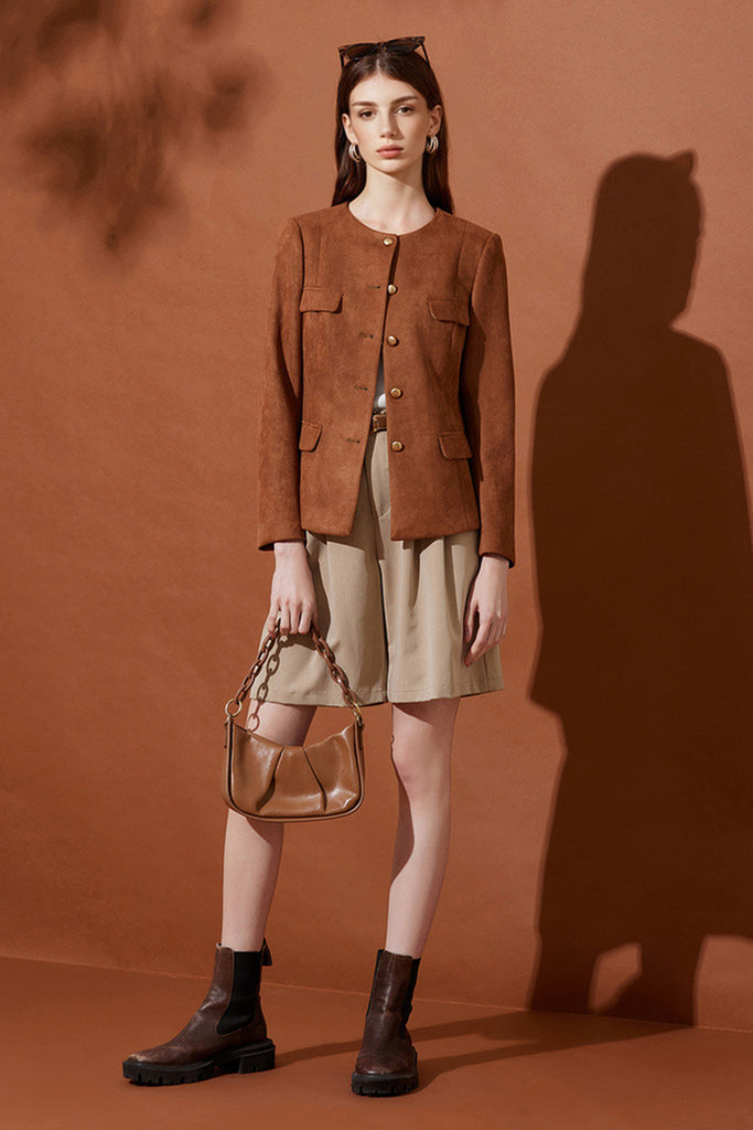 Suede Textured Collarless Utility Jacket  Fibflx