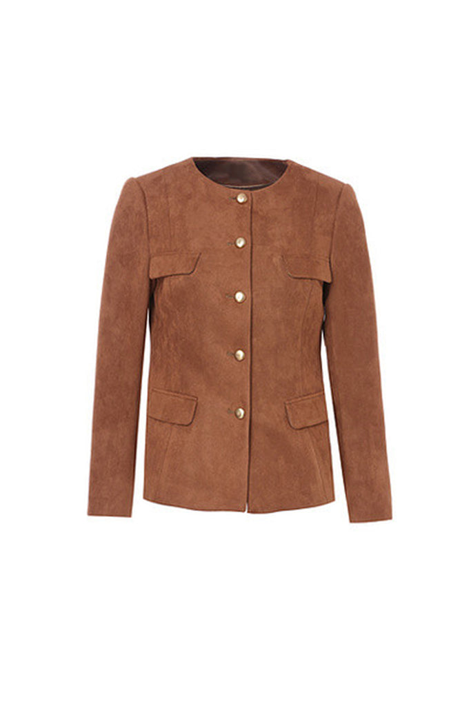 Suede Textured Collarless Utility Jacket  Fibflx