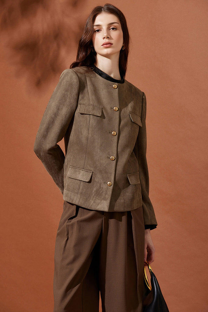 Suede Textured Collarless Utility Jacket Espresso Brown / L Fibflx