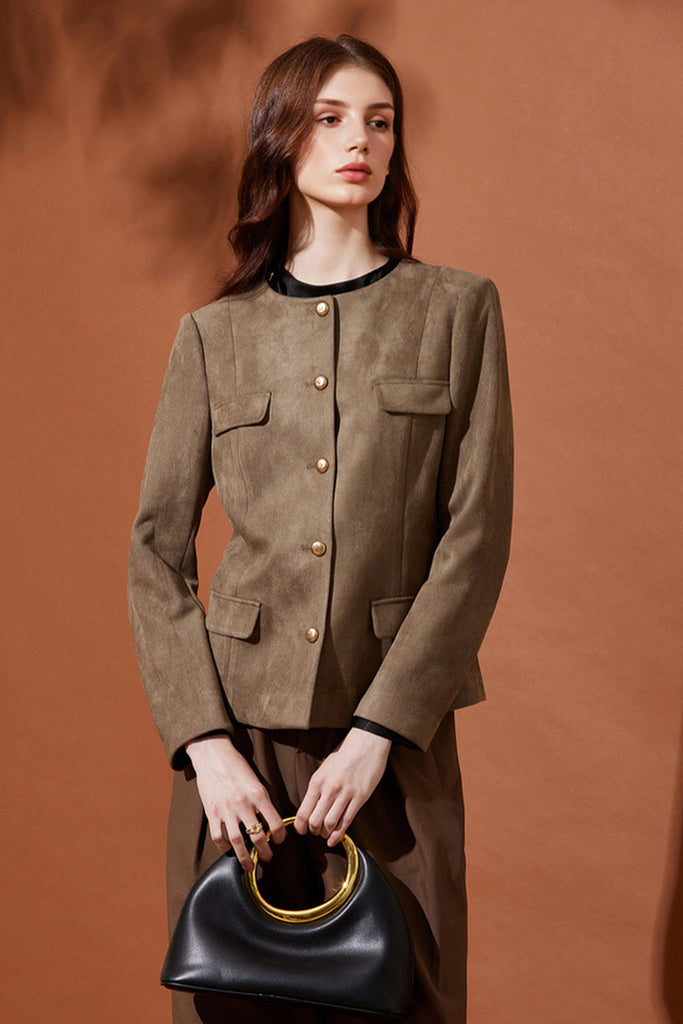 Suede Textured Collarless Utility Jacket  Fibflx