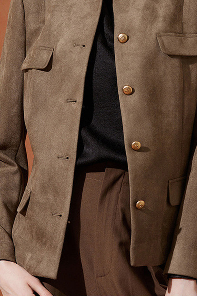 Suede Textured Collarless Utility Jacket  Fibflx