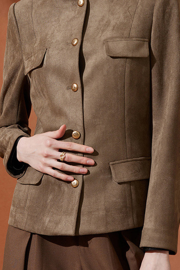 Suede Textured Collarless Utility Jacket  Fibflx