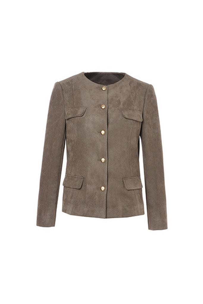 Suede Textured Collarless Utility Jacket  Fibflx