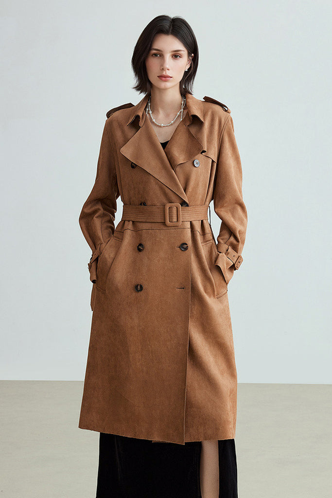 Suede Textured Double-Breasted Belted Trench Coat in Brown Golden Brown / L Fibflx