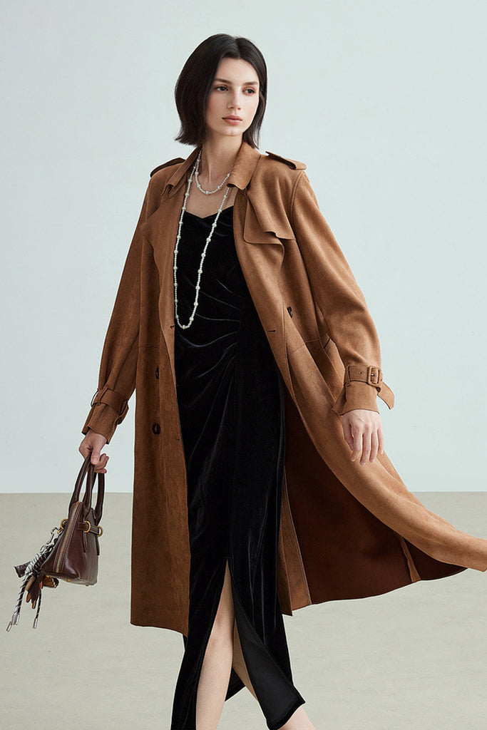 Suede Textured Double-Breasted Belted Trench Coat in Brown  Fibflx