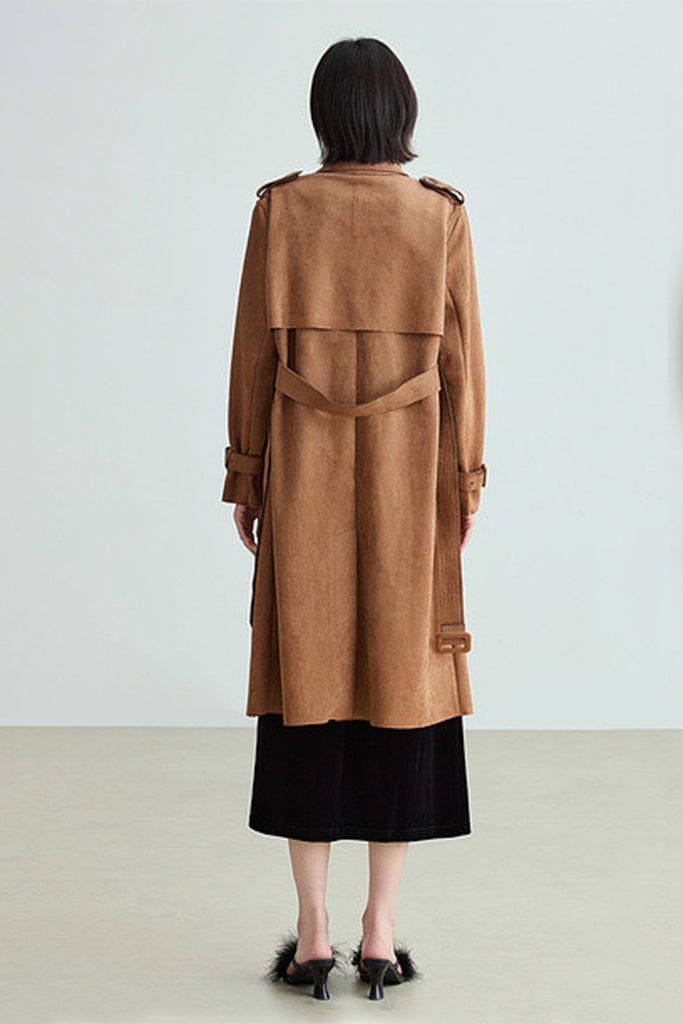 Suede Textured Double-Breasted Belted Trench Coat in Brown  Fibflx