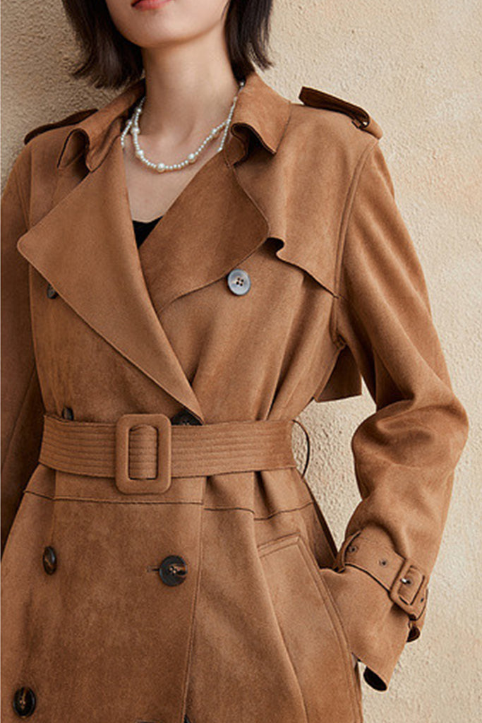 Suede Textured Double-Breasted Belted Trench Coat in Brown  Fibflx