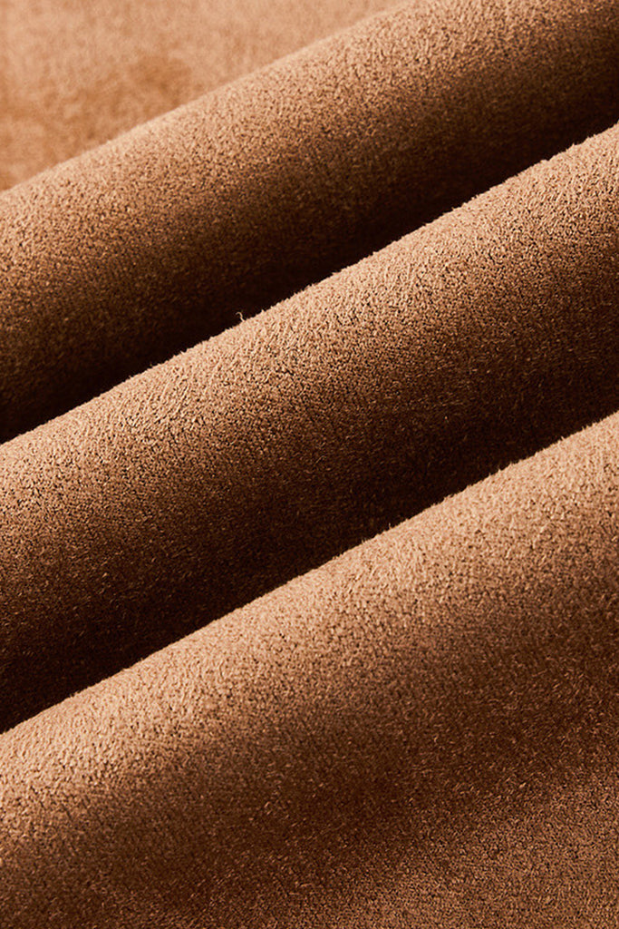 Suede Textured Double-Breasted Belted Trench Coat in Brown  Fibflx