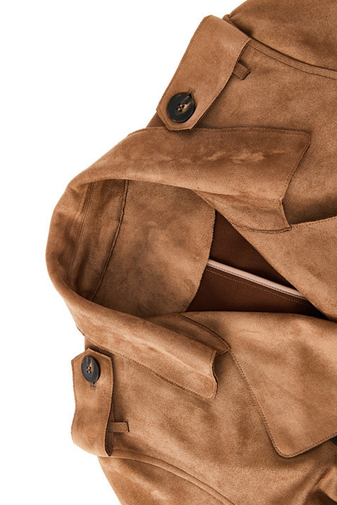 Suede Textured Double-Breasted Belted Trench Coat in Brown  Fibflx