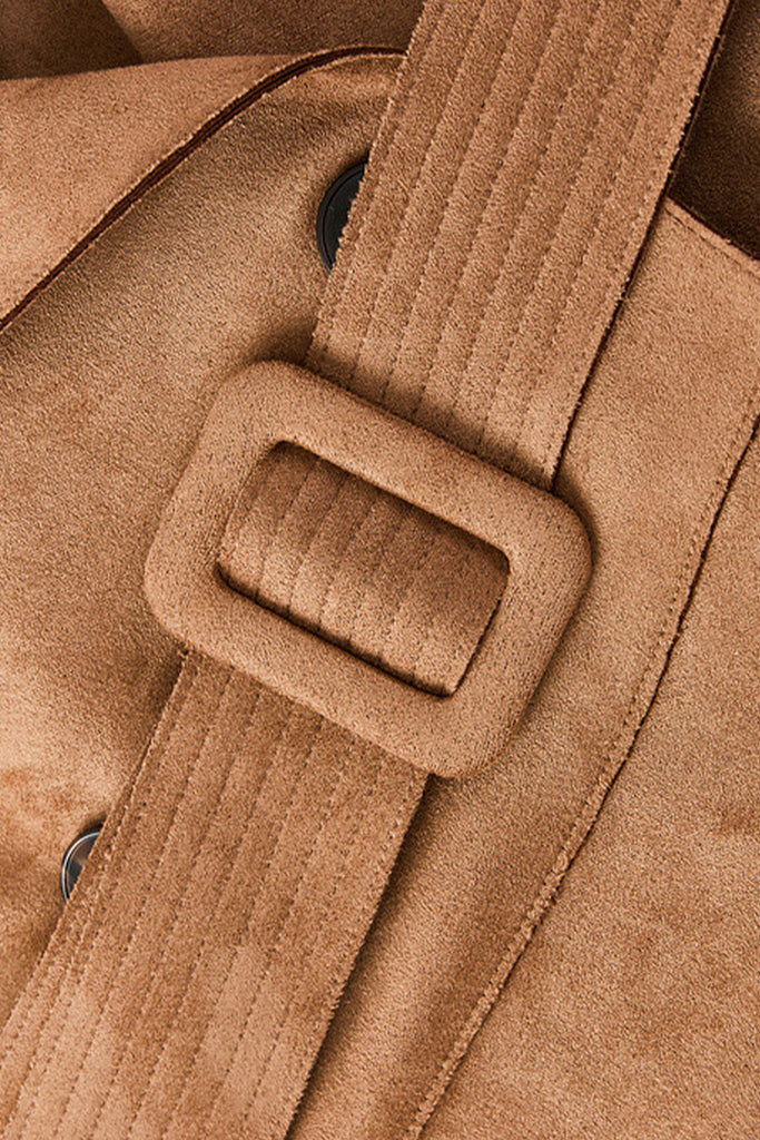 Suede Textured Double-Breasted Belted Trench Coat in Brown  Fibflx