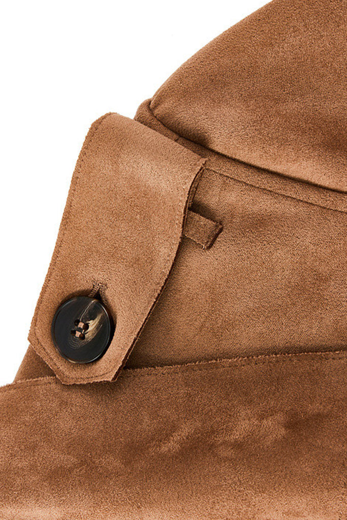 Suede Textured Double-Breasted Belted Trench Coat in Brown  Fibflx