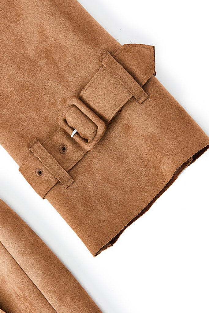 Suede Textured Double-Breasted Belted Trench Coat in Brown  Fibflx