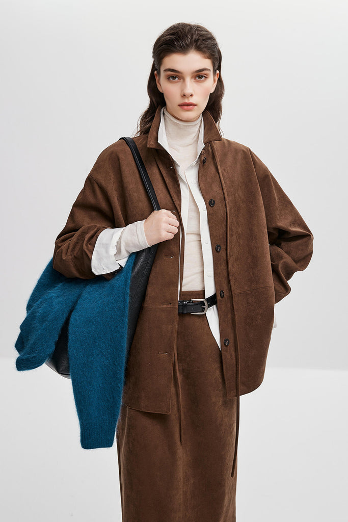 Suede Textured Tie-Waist Overshirt Jacket in Brown  Fibflx