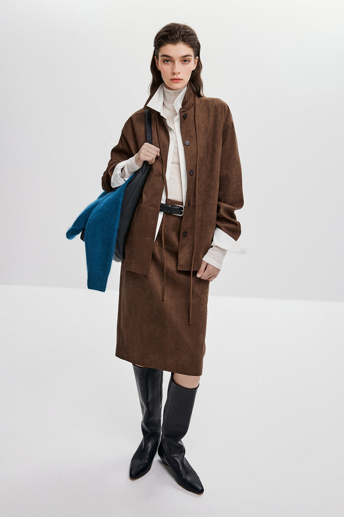 Suede Textured Tie-Waist Overshirt Jacket in Brown  Fibflx