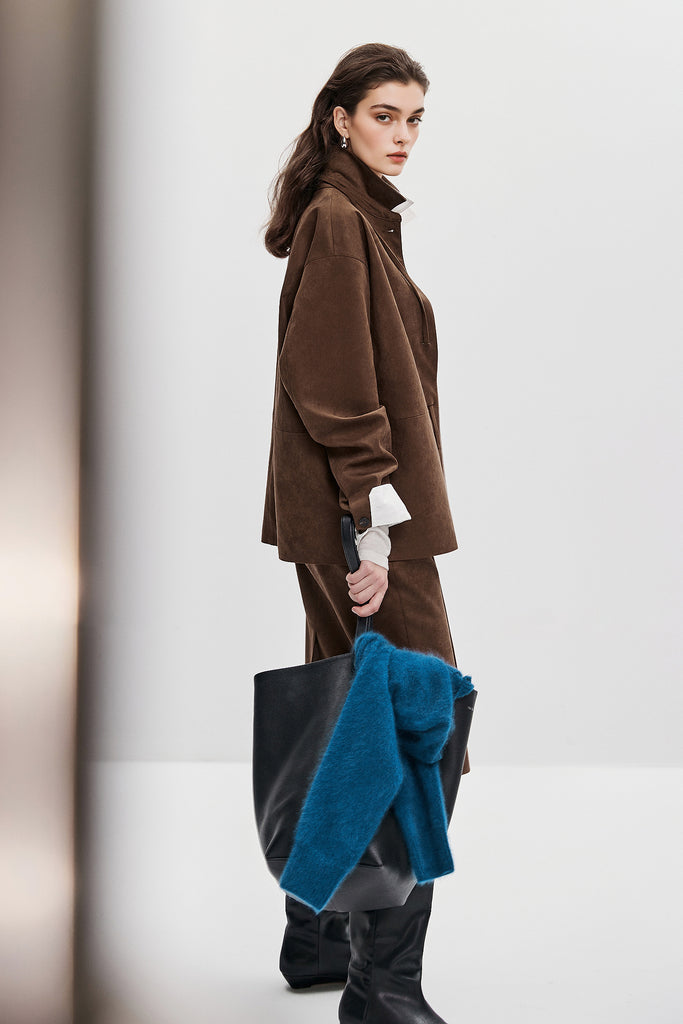 Suede Textured Tie-Waist Overshirt Jacket in Brown  Fibflx