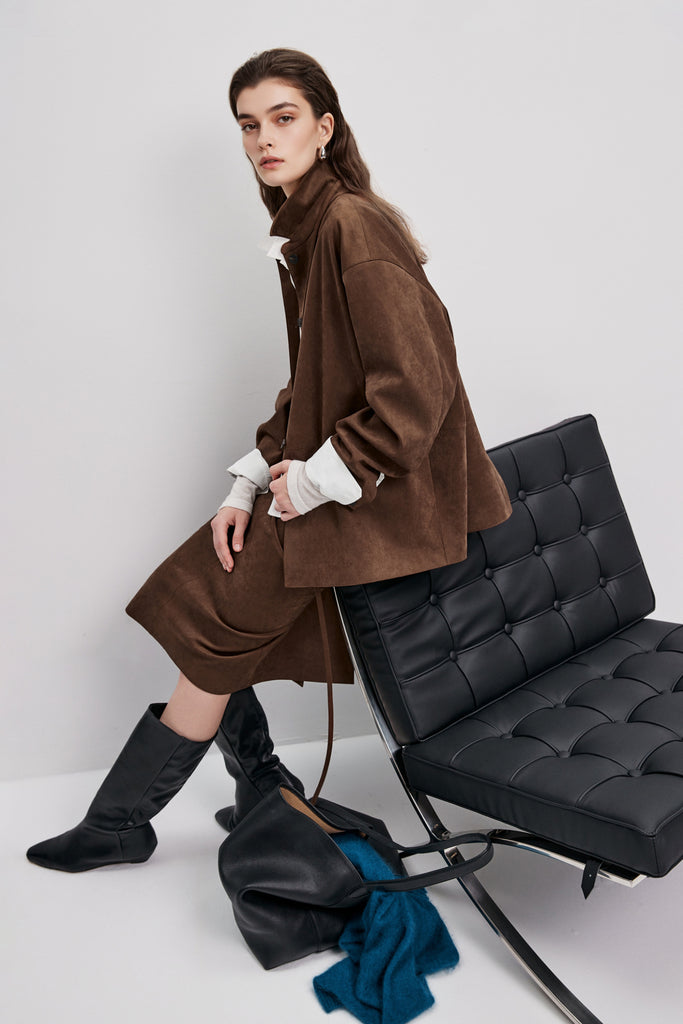 Suede Textured Tie-Waist Overshirt Jacket in Brown  Fibflx