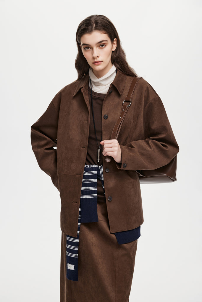 Suede Textured Tie-Waist Overshirt Jacket in Brown  Fibflx