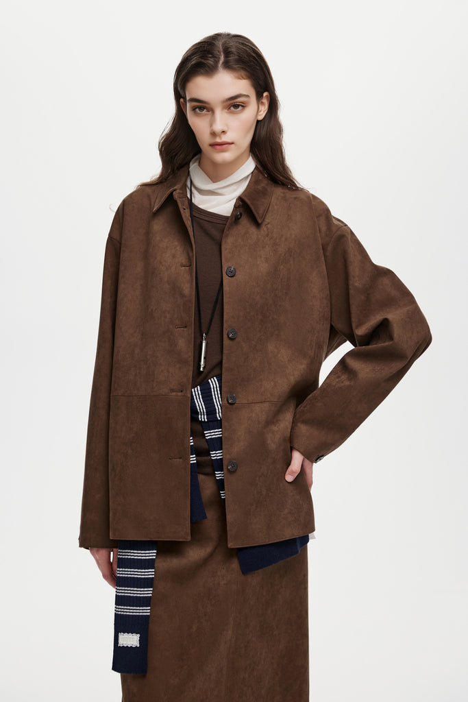 Suede Textured Tie-Waist Overshirt Jacket in Brown  Fibflx