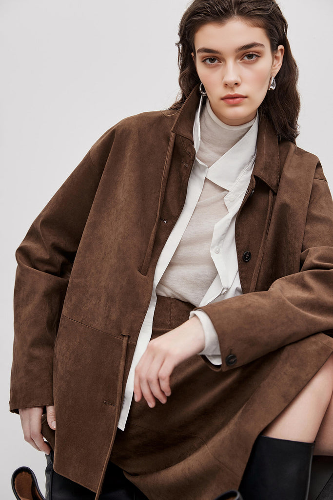 Suede Textured Tie-Waist Overshirt Jacket in Brown  Fibflx