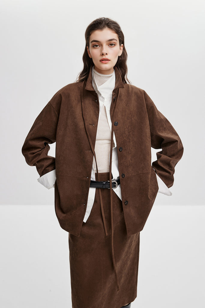 Suede Textured Tie-Waist Overshirt Jacket in Brown  Fibflx