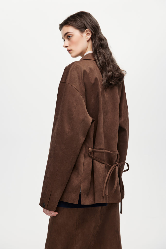 Suede Textured Tie-Waist Overshirt Jacket in Brown  Fibflx