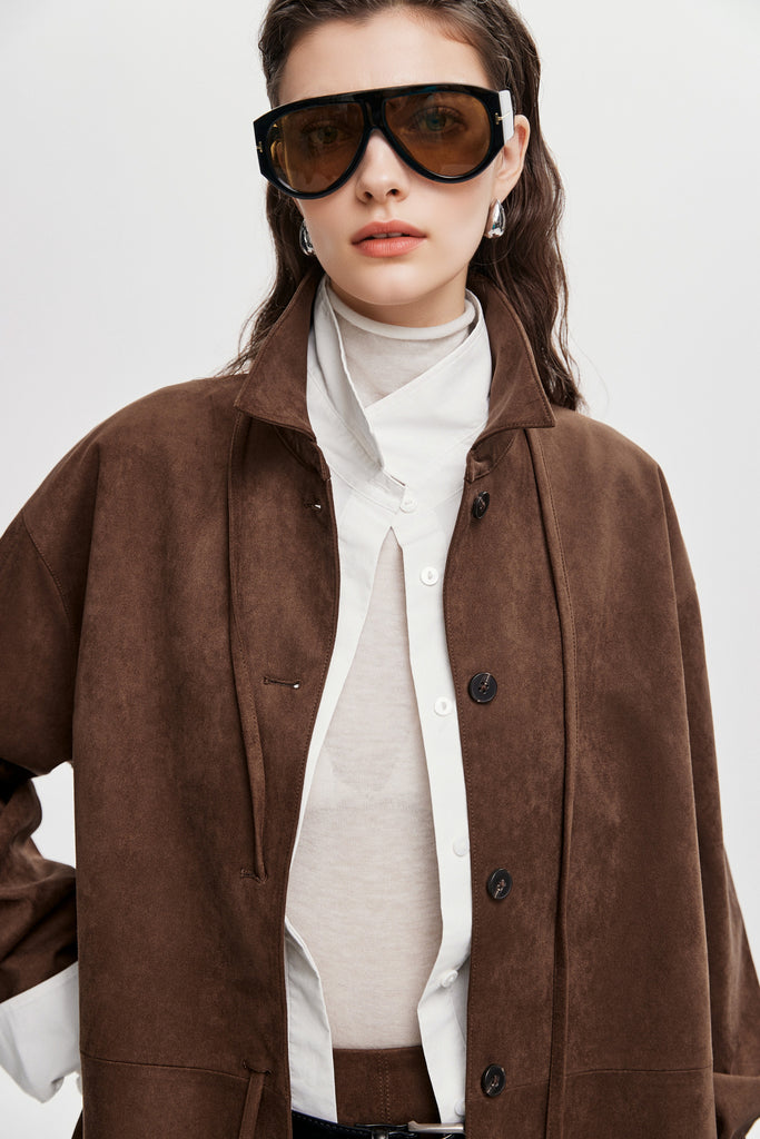 Suede Textured Tie-Waist Overshirt Jacket in Brown - Fibflx