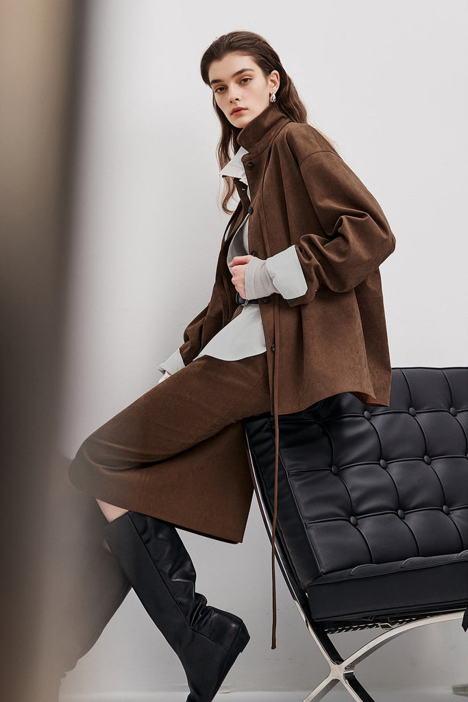 Suede Textured Tie-Waist Overshirt Jacket in Brown  Fibflx