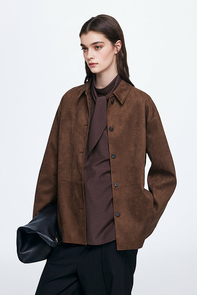 Suede Textured Tie-Waist Overshirt Jacket in Brown  Fibflx
