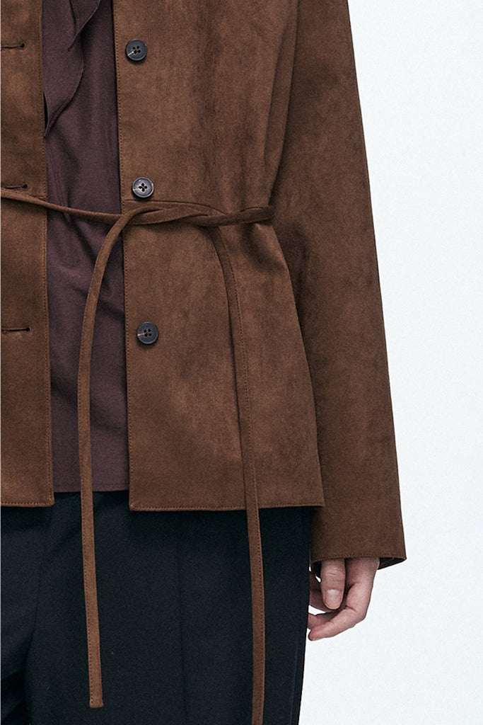 Suede Textured Tie-Waist Overshirt Jacket in Brown  Fibflx
