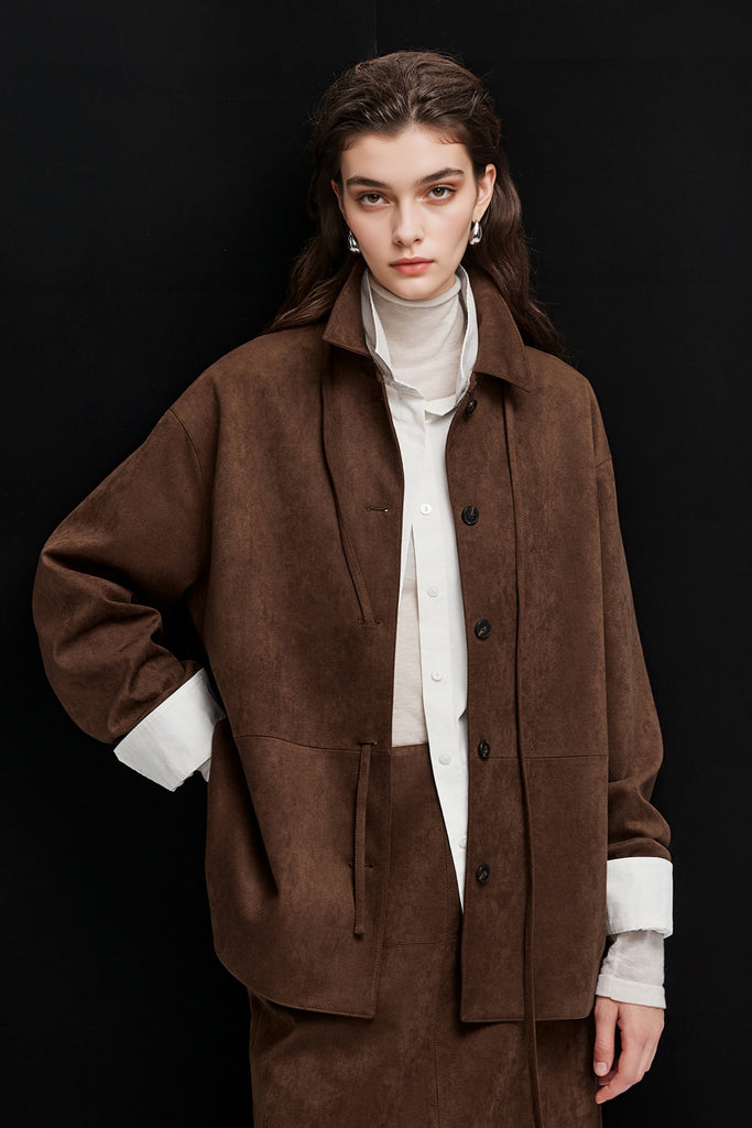 Suede Textured Tie-Waist Overshirt Jacket in Brown  Fibflx