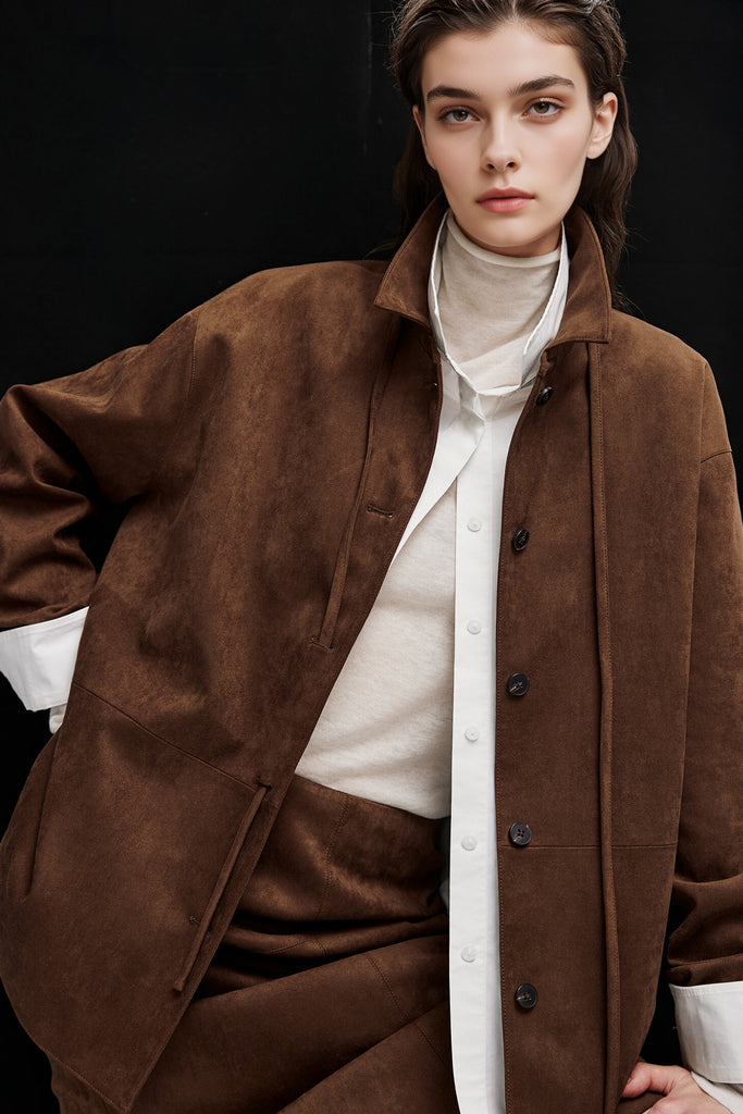 Suede Textured Tie-Waist Overshirt Jacket in Brown  Fibflx