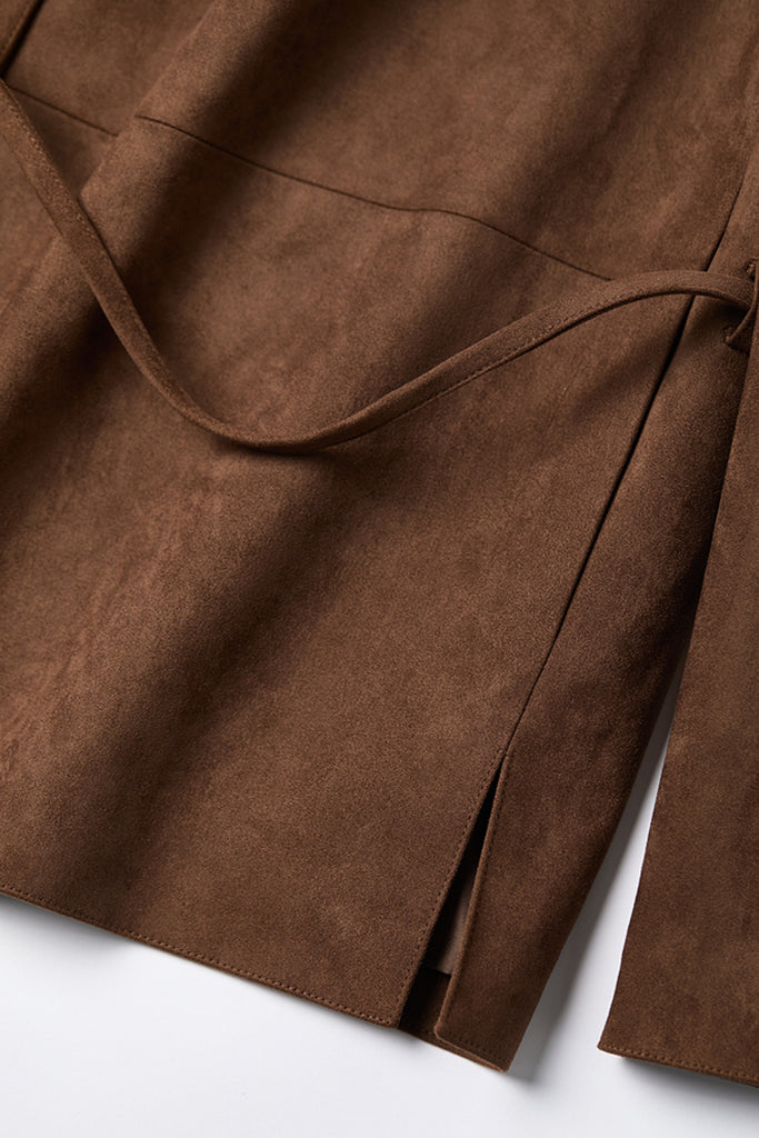 Suede Textured Tie-Waist Overshirt Jacket in Brown  Fibflx