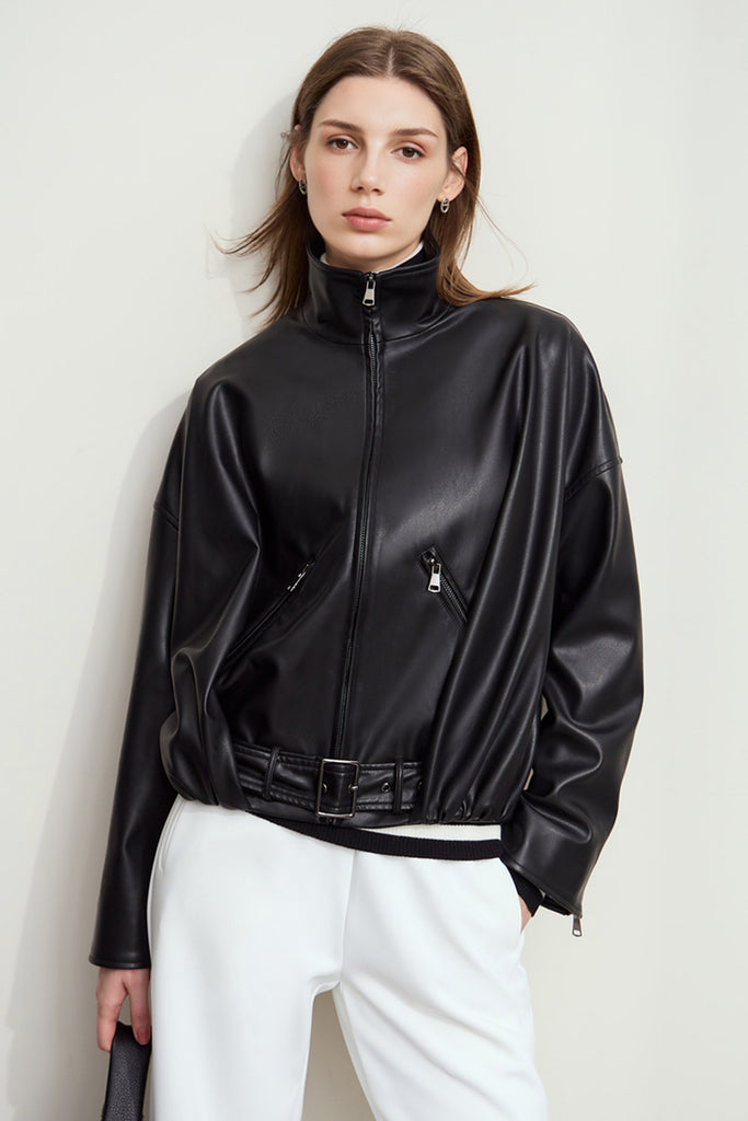 Super-Soft Leather Stand-Collar Belted Jacket  Fibflx