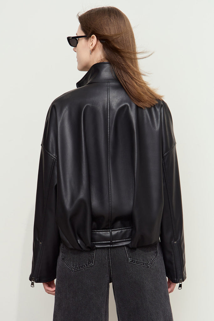 Super-Soft Leather Stand-Collar Belted Jacket  Fibflx