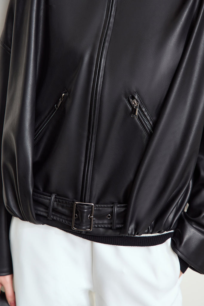 Super-Soft Leather Stand-Collar Belted Jacket  Fibflx