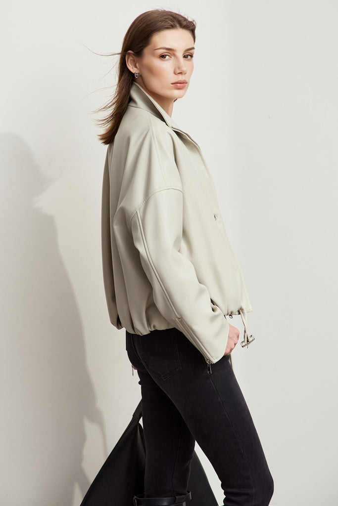 Super-Soft Leather Stand-Collar Belted Jacket  Fibflx