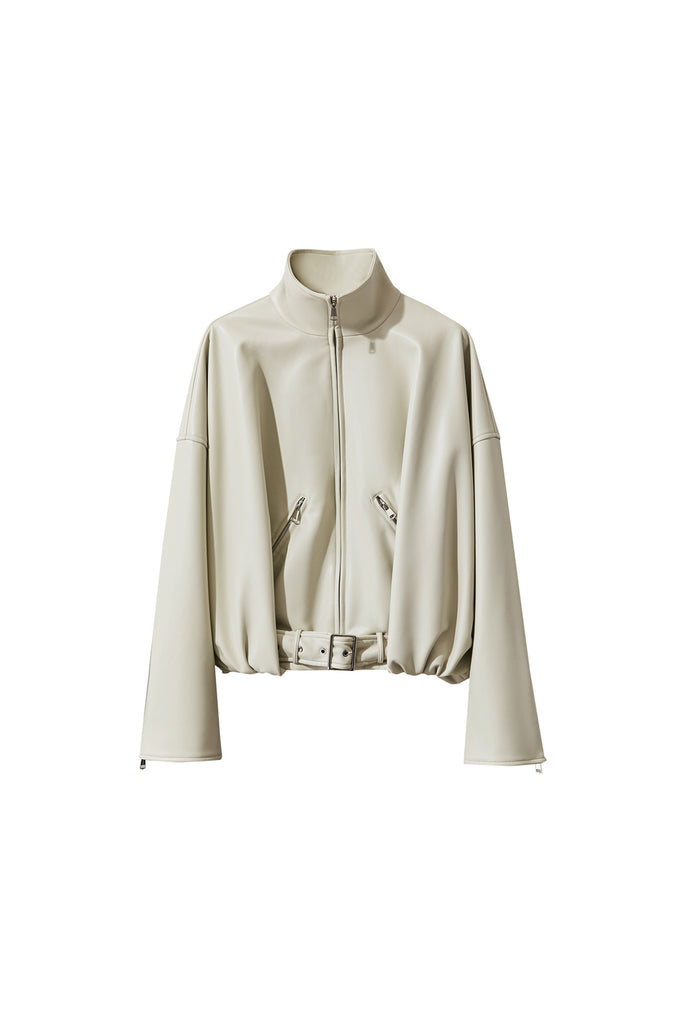 Super-Soft Leather Stand-Collar Belted Jacket  Fibflx