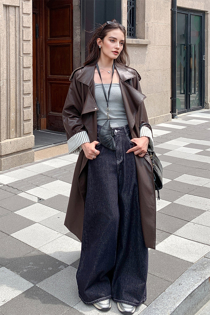 Super-Soft Protein Leather Belted Trench Coat in Brown  Fibflx
