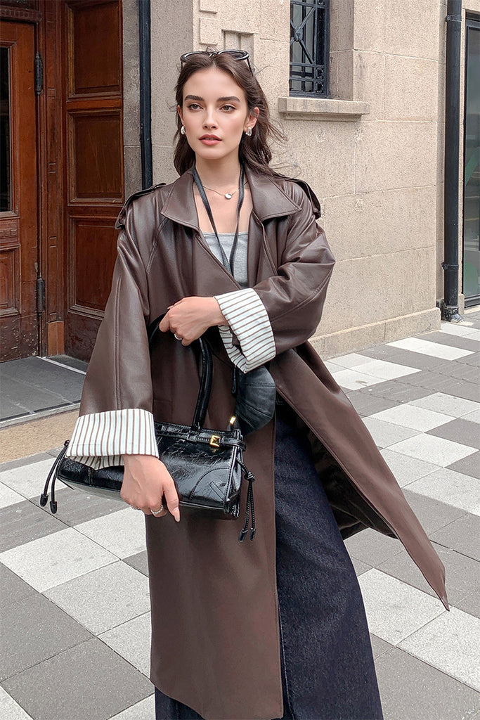 Super-Soft Protein Leather Belted Trench Coat in Brown  Fibflx